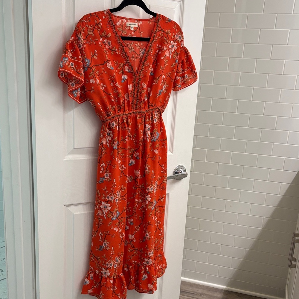 Max Studio Red-Orange Floral Midi Dress with V-Neck